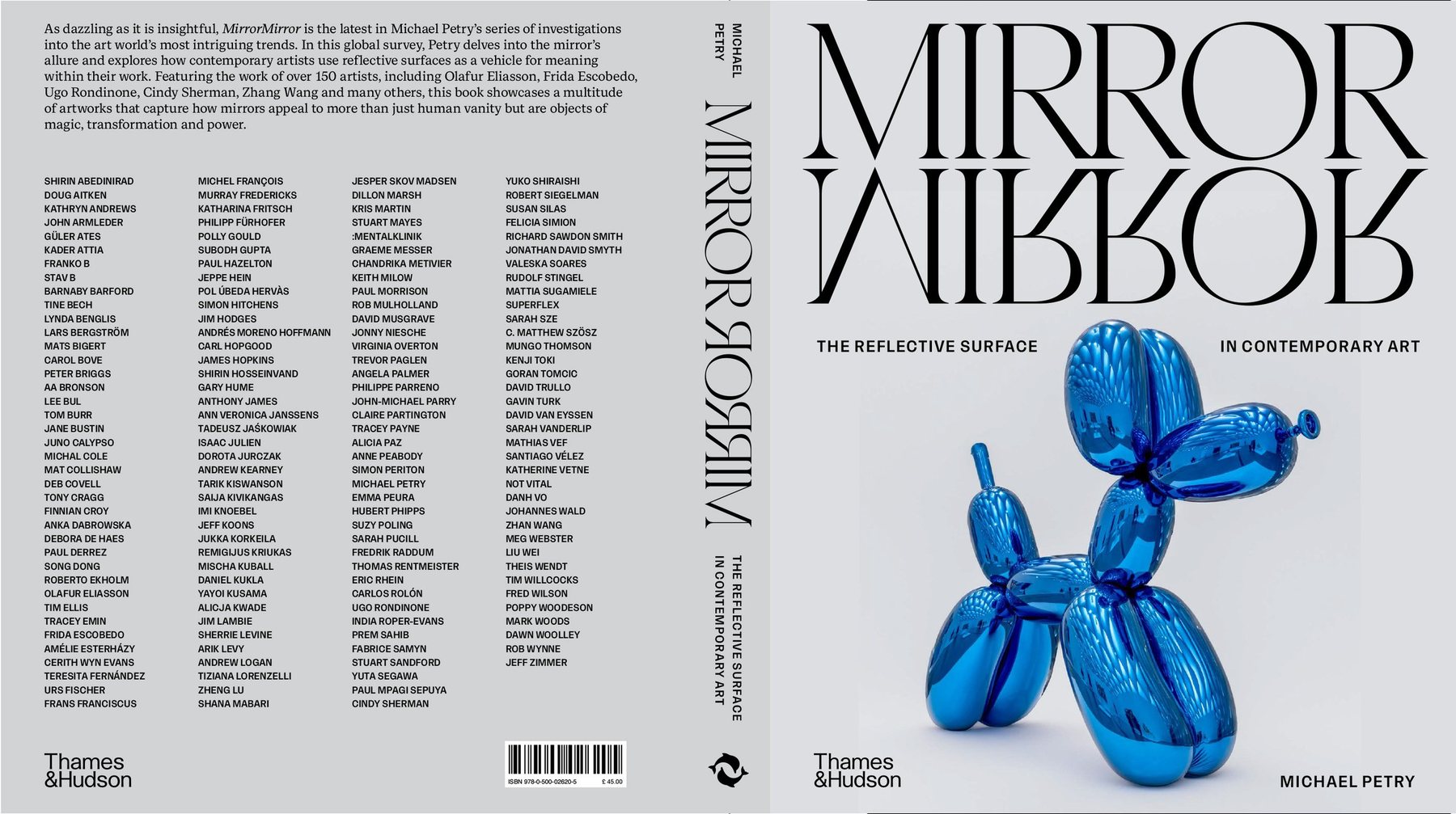 Jacket of Michael Petry's MirrorMirror, The Reflective Surface in Contemporary Art, with a blue balloon-dog sculpture and artist names listed.