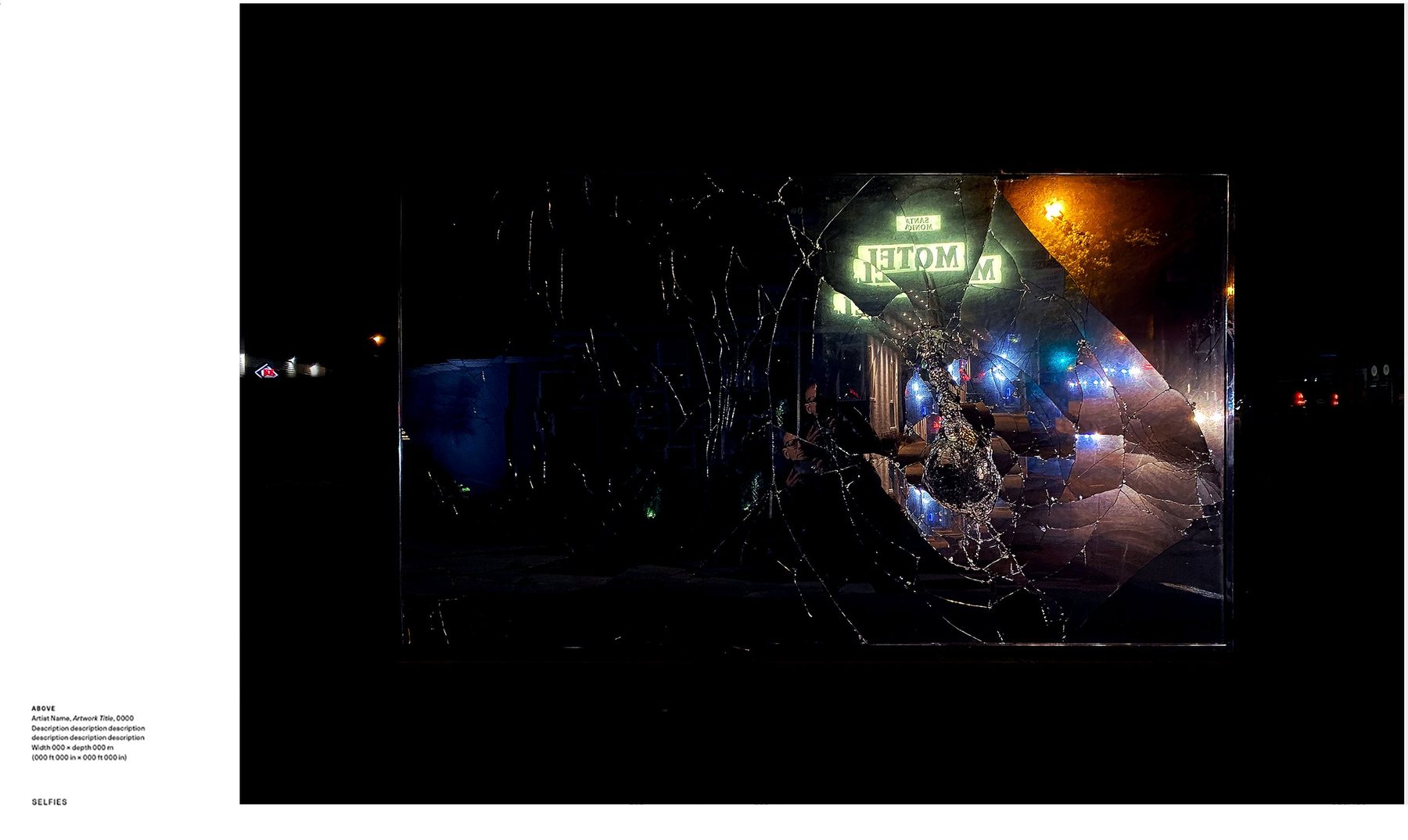 Book page from MirrorMirror showing the artist's shattered mirror with a glowing MOTEL sign reflected, on black with a small caption.