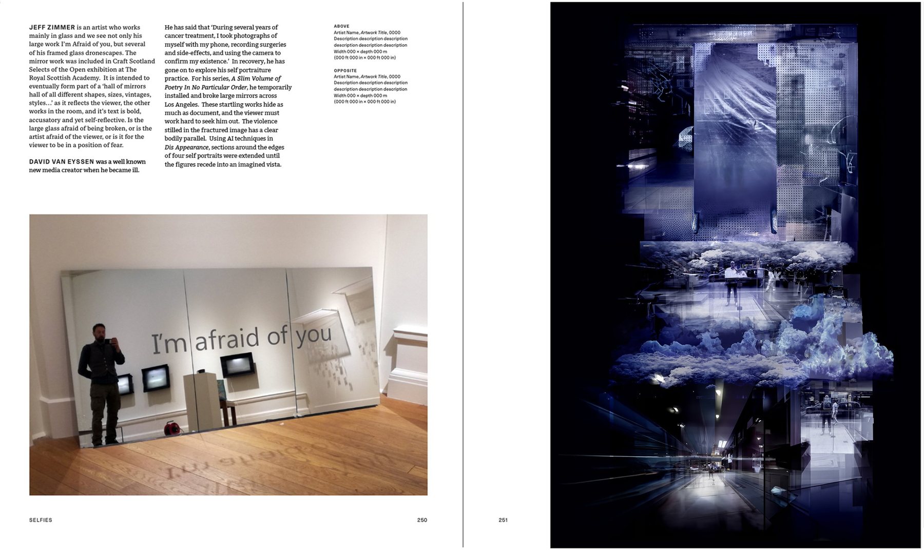 Book spread from MirrorMirror: text about David Van Eyssen and a mirror reading I'm afraid of you, facing a dark layered digital image.