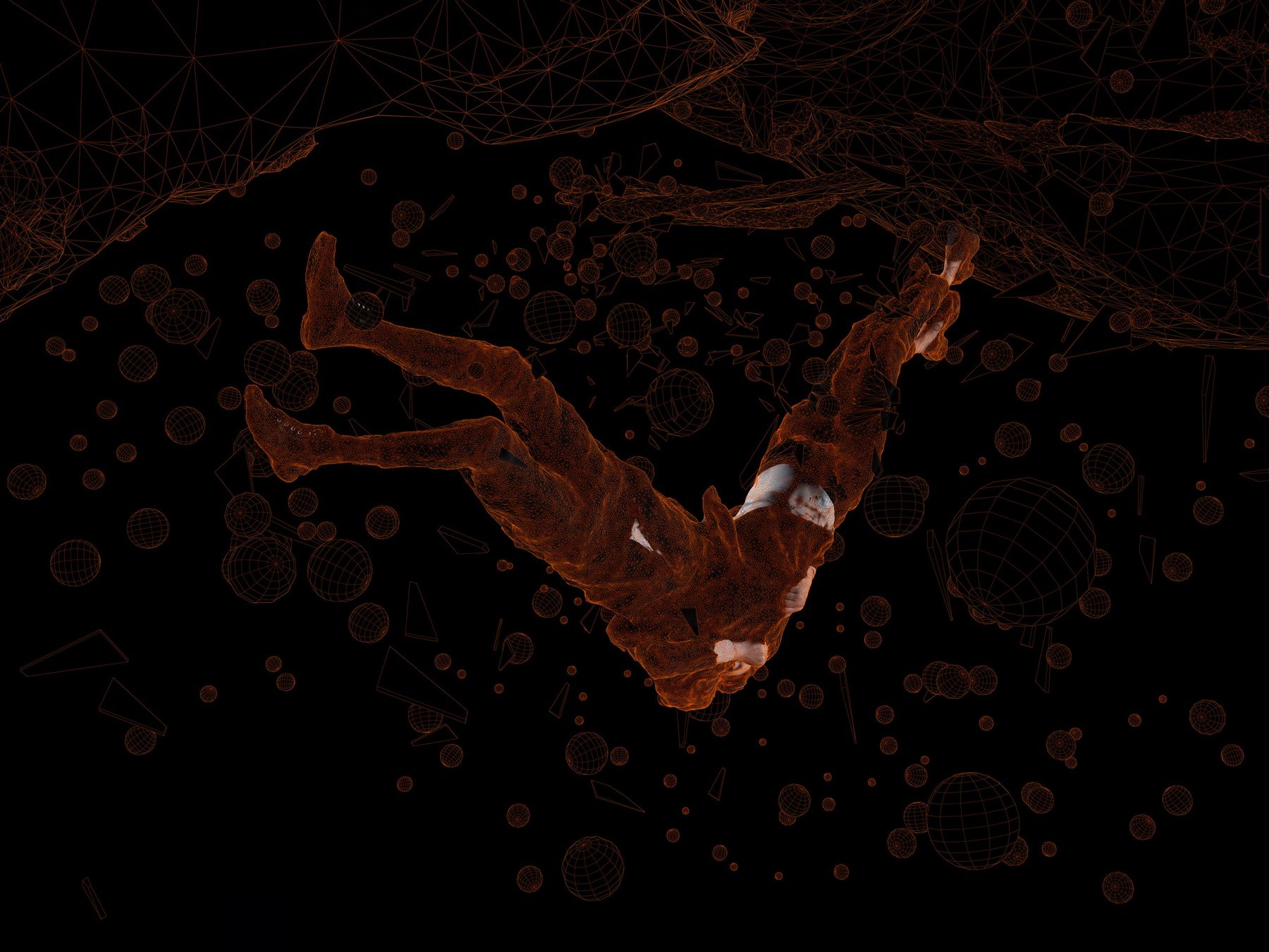 Orange wireframe figure falling through a dense scatter of wireframe spheres and shards, with a mesh landscape above; Encounter.