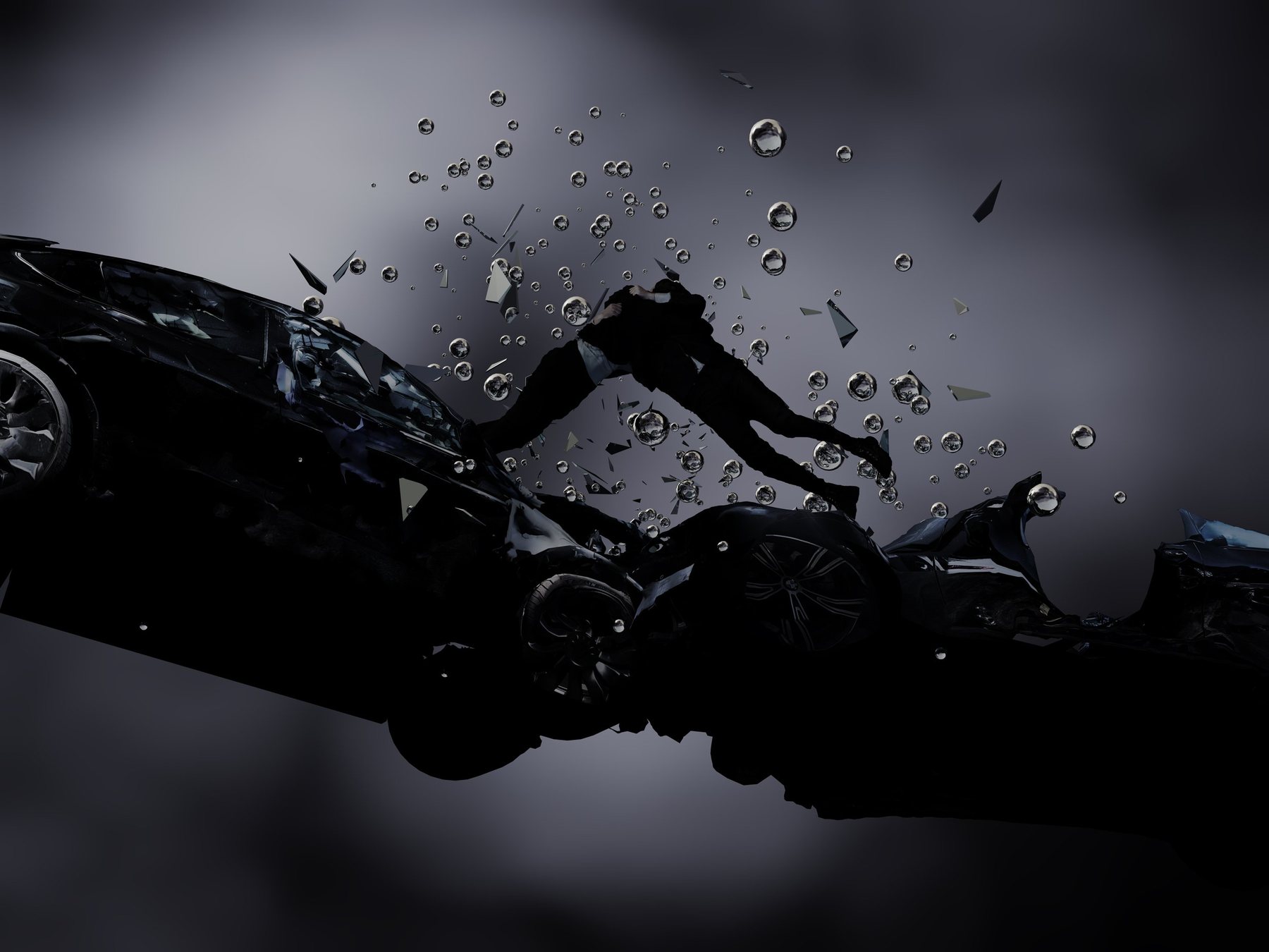 Wireframe of the crashed cars with an orange figure thrown over them; the second car is drawn in white lines; Encounter.