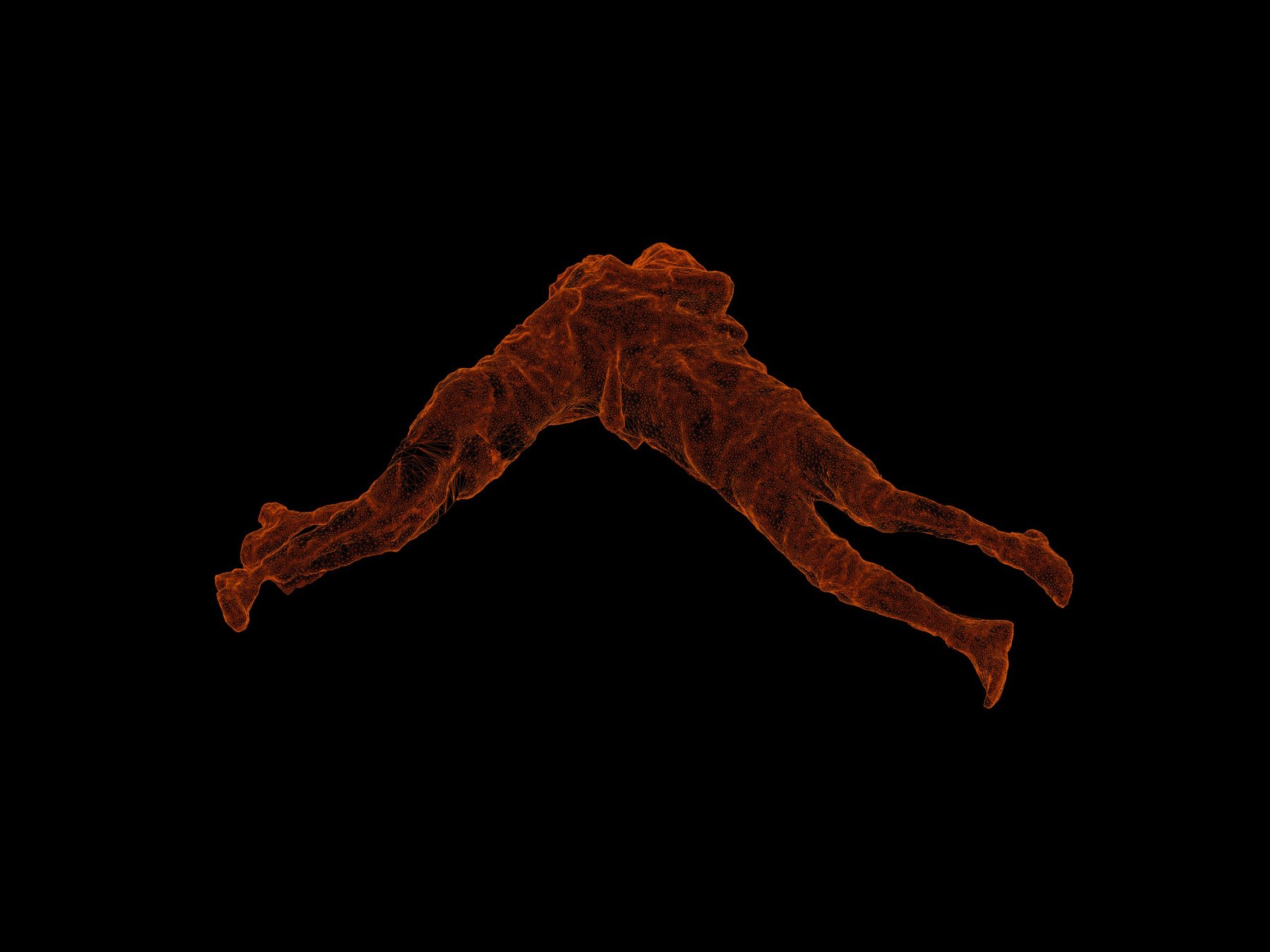Orange wireframe of two figures in a mid-air embrace tipped into a V shape, glowing against black; Encounter print study.