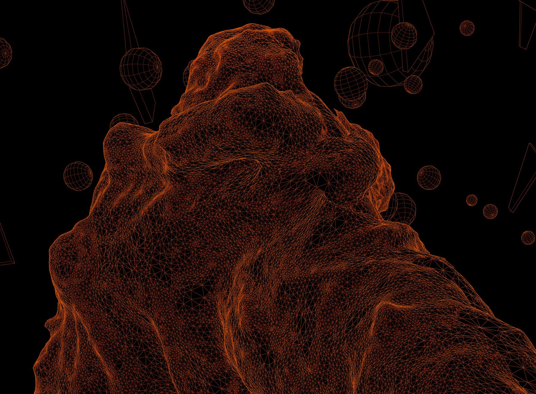 Close view of the orange wireframe mesh of the figures with scattered wireframe spheres, a detail of the Encounter prints.