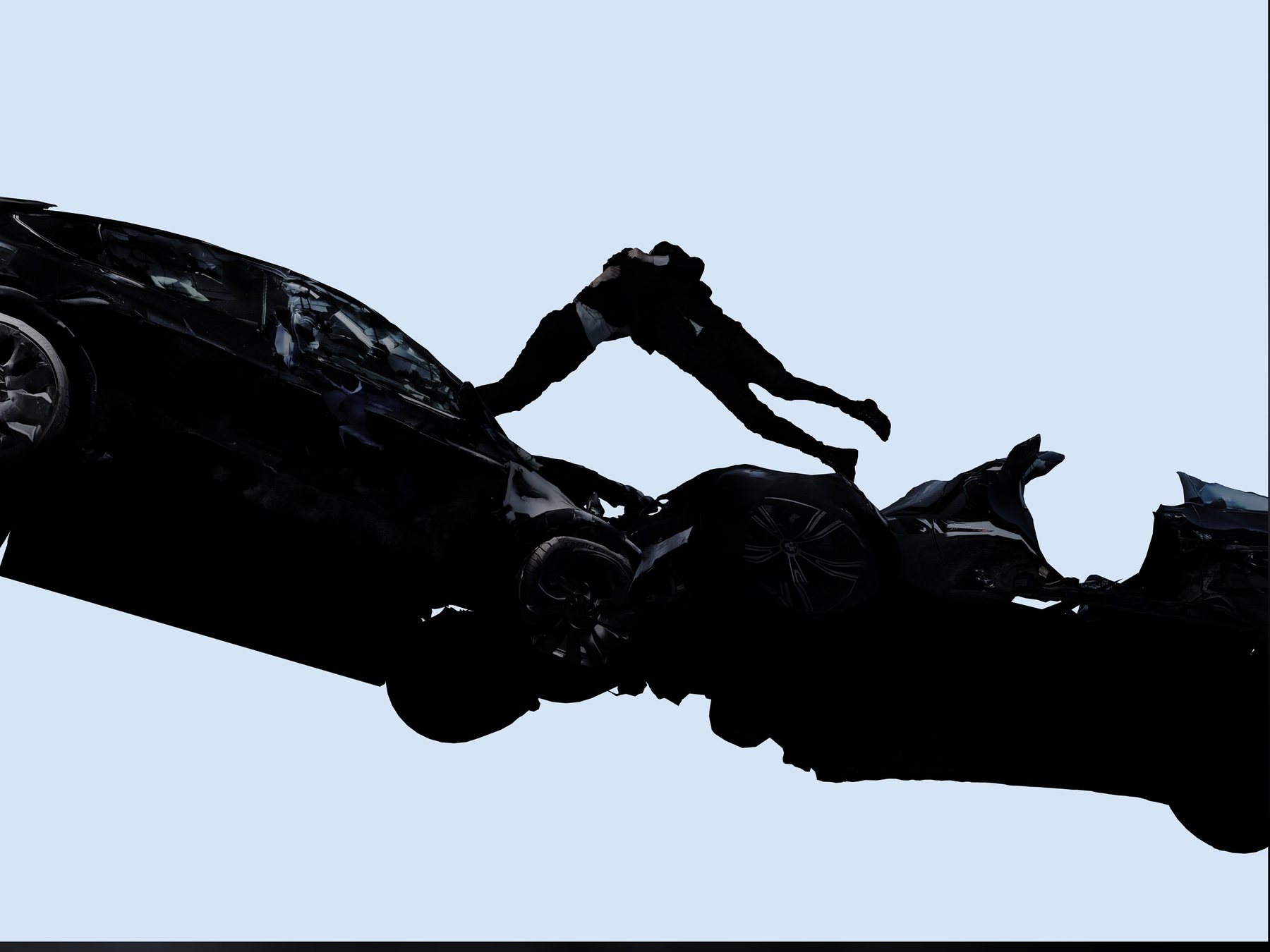 Crashed black cars and a thrown figure cut out in silhouette against pale blue, from the Encounter scene renders.