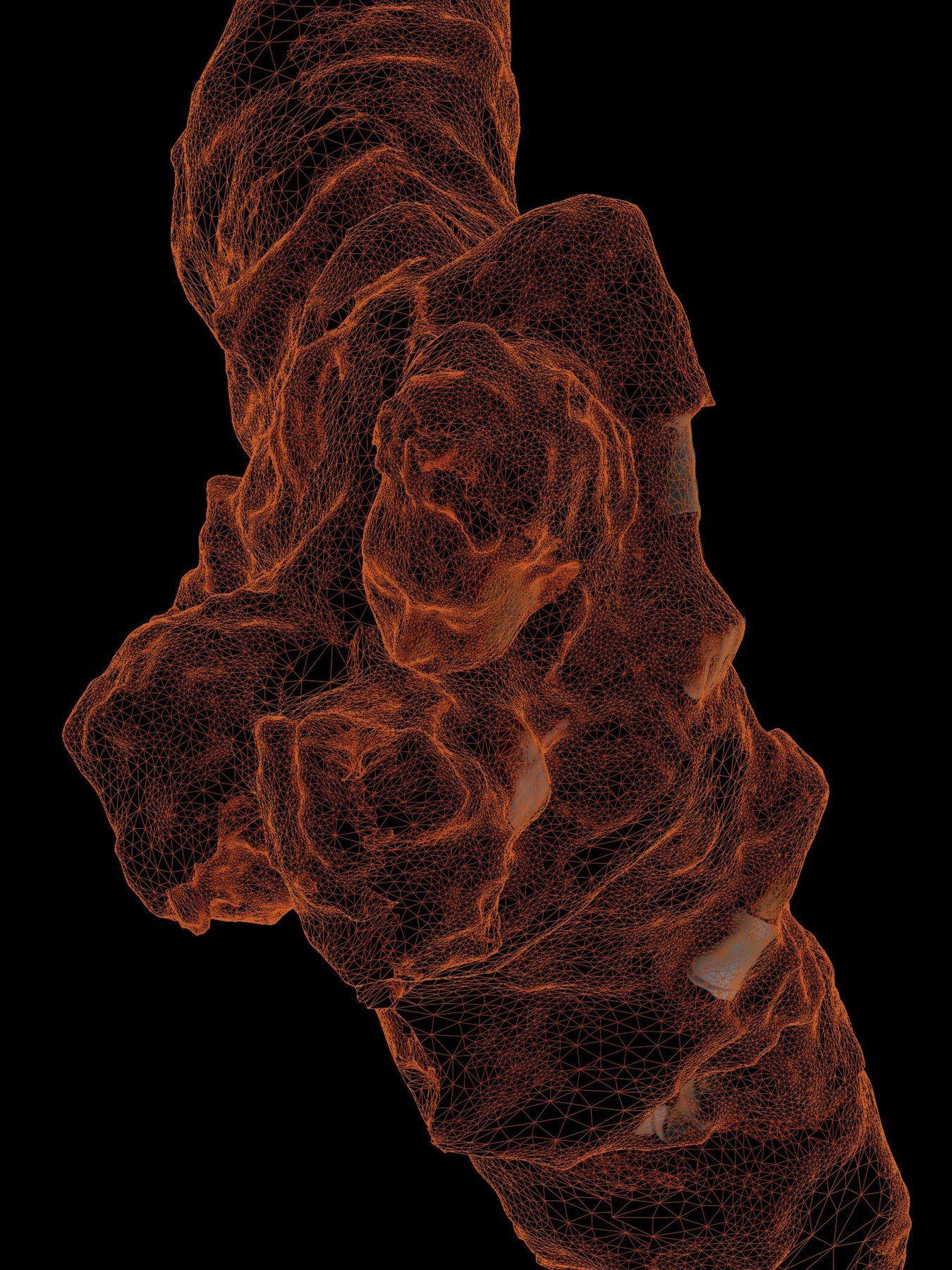 Extreme close-up of the orange wireframe mesh of the embracing figures, triangulated surfaces glowing on black; Encounter detail.