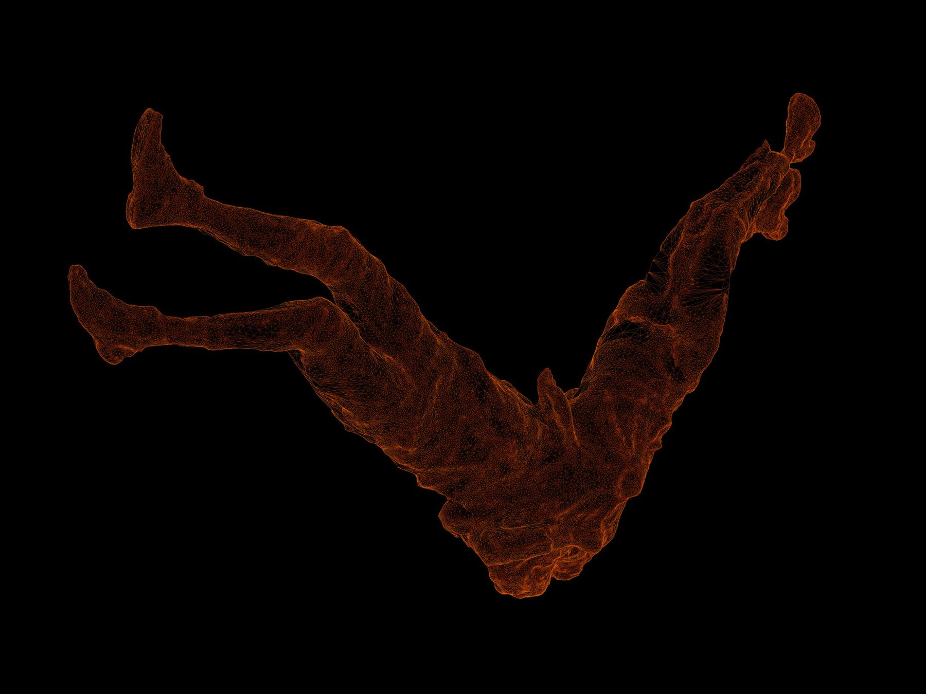 Orange wireframe of a falling figure with bent legs thrown upward against black; Encounter print study.