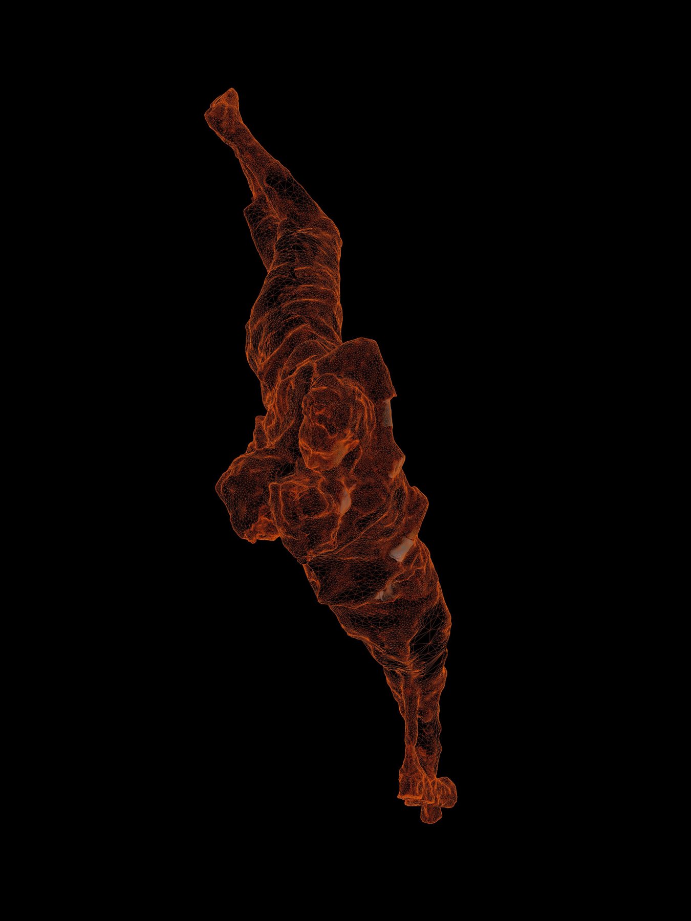 Orange wireframe of a tall figure seen from above, falling steeply against black; vertical Encounter print study.
