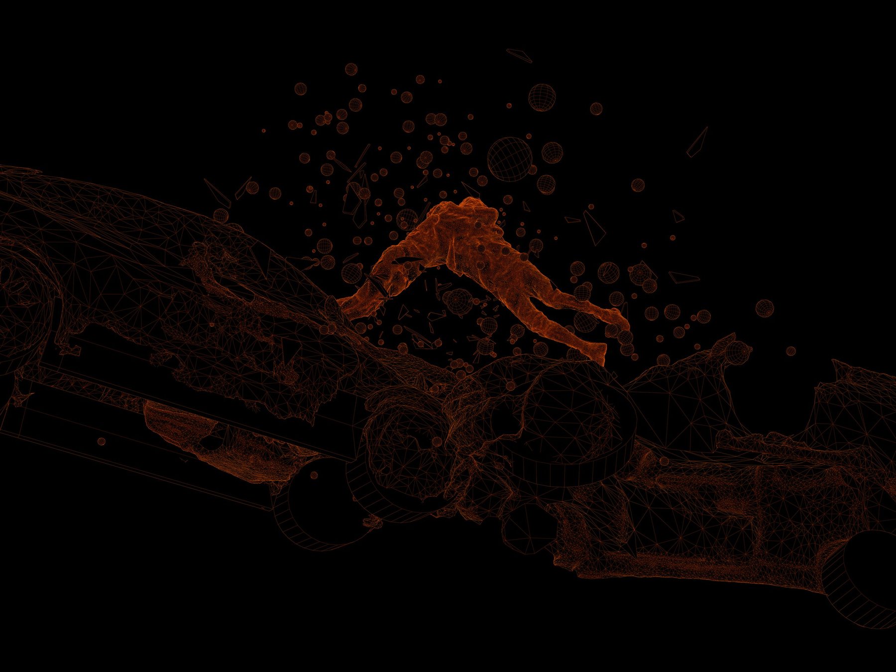 Orange wireframe figure flying over a wireframe crashed car, spheres and shards scattered through black space; Encounter.