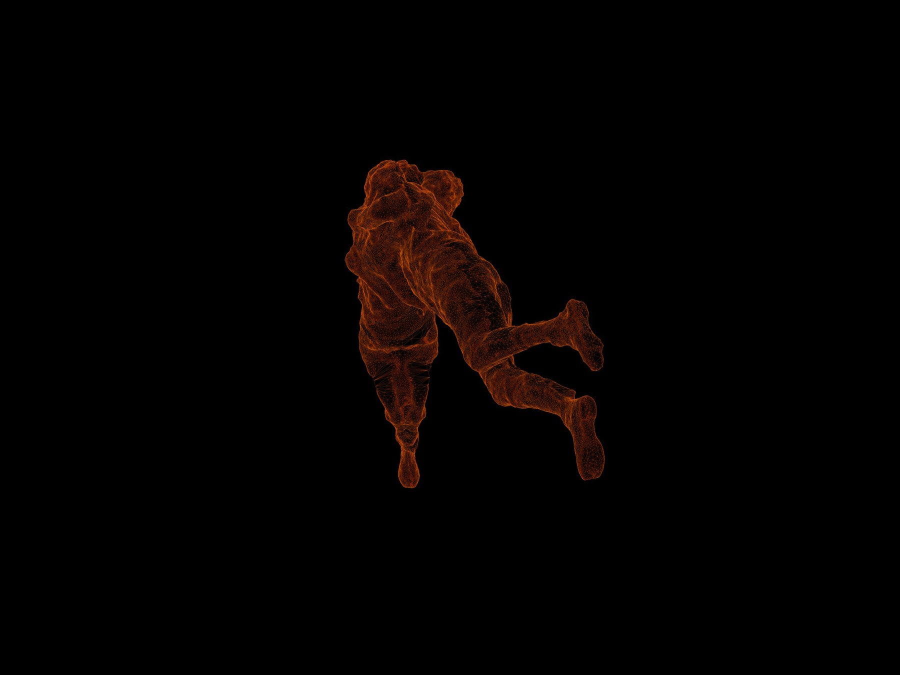 Orange wireframe of two embracing figures tumbling feet-down against a black background, from the Encounter scenes.
