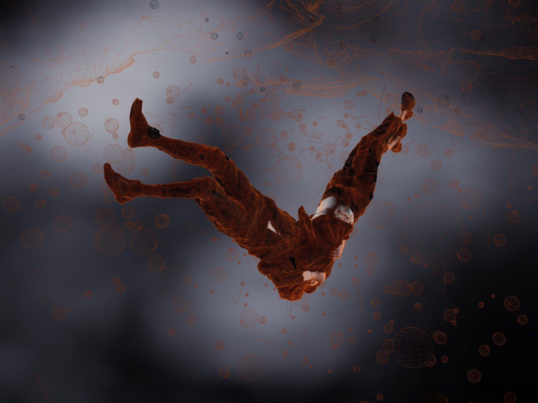 Orange translucent figure falling amid faint wireframe spheres and mesh lines against a smoky grey backdrop; Encounter.