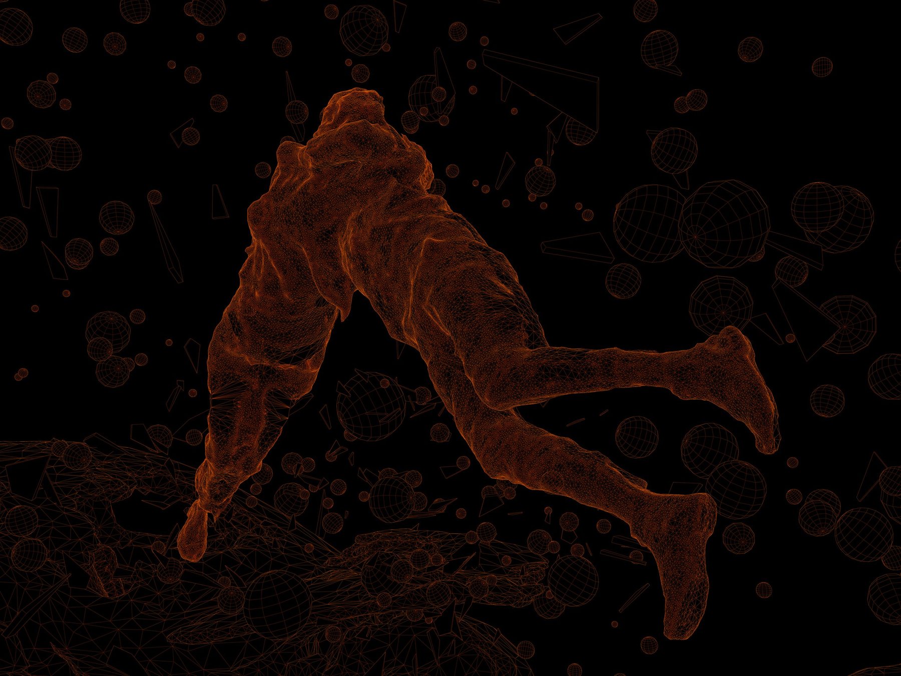 Orange wireframe of two embracing figures tumbling among wireframe spheres and a dim mesh landscape on black; Encounter.