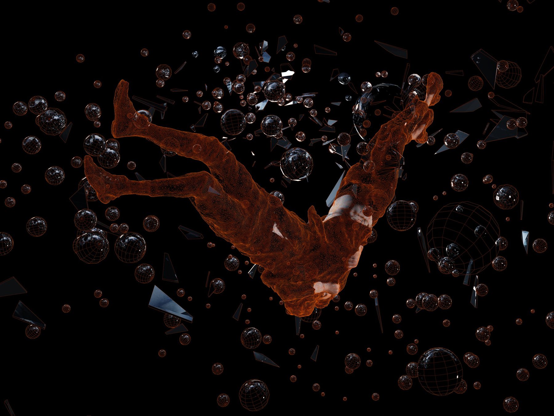 Orange wireframe figure falling amid glass spheres and shards, rendered with realistic reflective glints on black; Encounter.