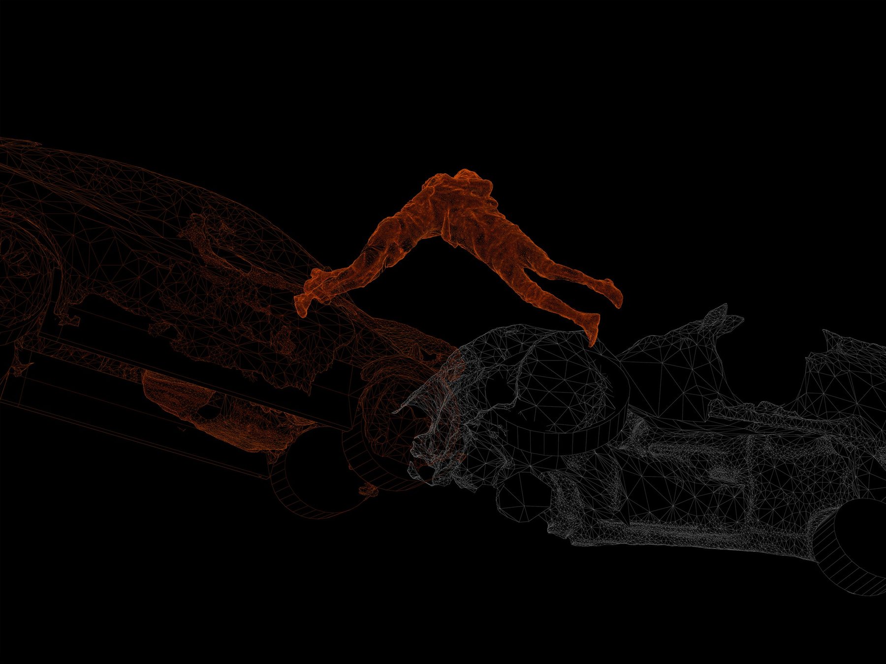 Rendered crashed cars with a dark figure thrown over them, flying glass spheres and shards in a smoky grey sky; Encounter.