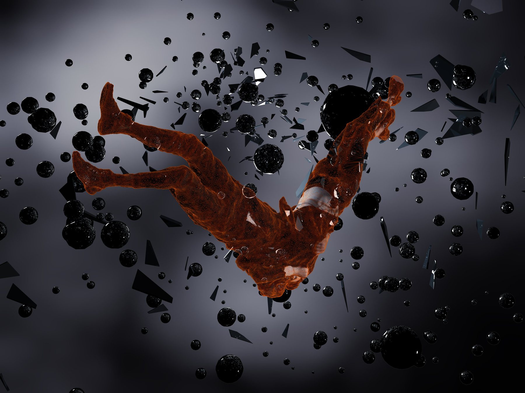 Wireframe figure in orange falling through clouds of black glass spheres and shards against a grey sky; Encounter print.
