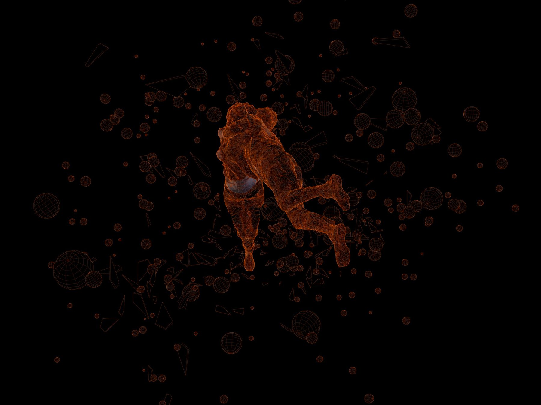 Orange wireframe of two figures amid a burst of wireframe spheres and glass shards on black; Encounter scene study.