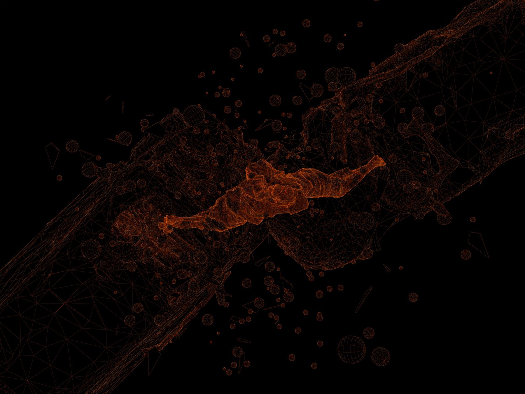 Orange wireframe of a figure thrown across a wireframe car mass, with scattered spheres and glass on black; Encounter.