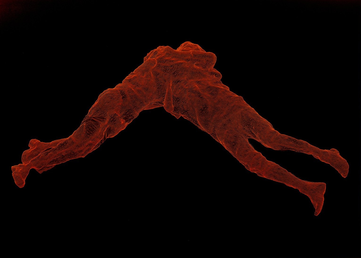Figures In Flight (and Falling) I: two embracing figures in red wireframe against black.
