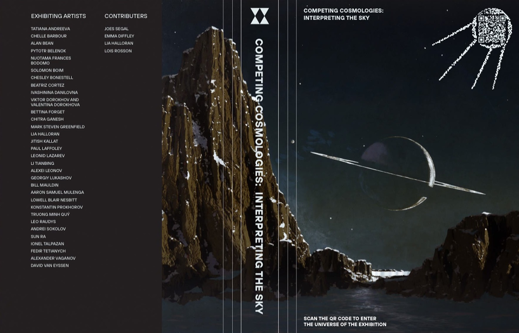 Cover wrap of the Wende Museum catalogue Competing Cosmologies: Interpreting the Sky, with a ringed planet over a mountain landscape and a QR code.
