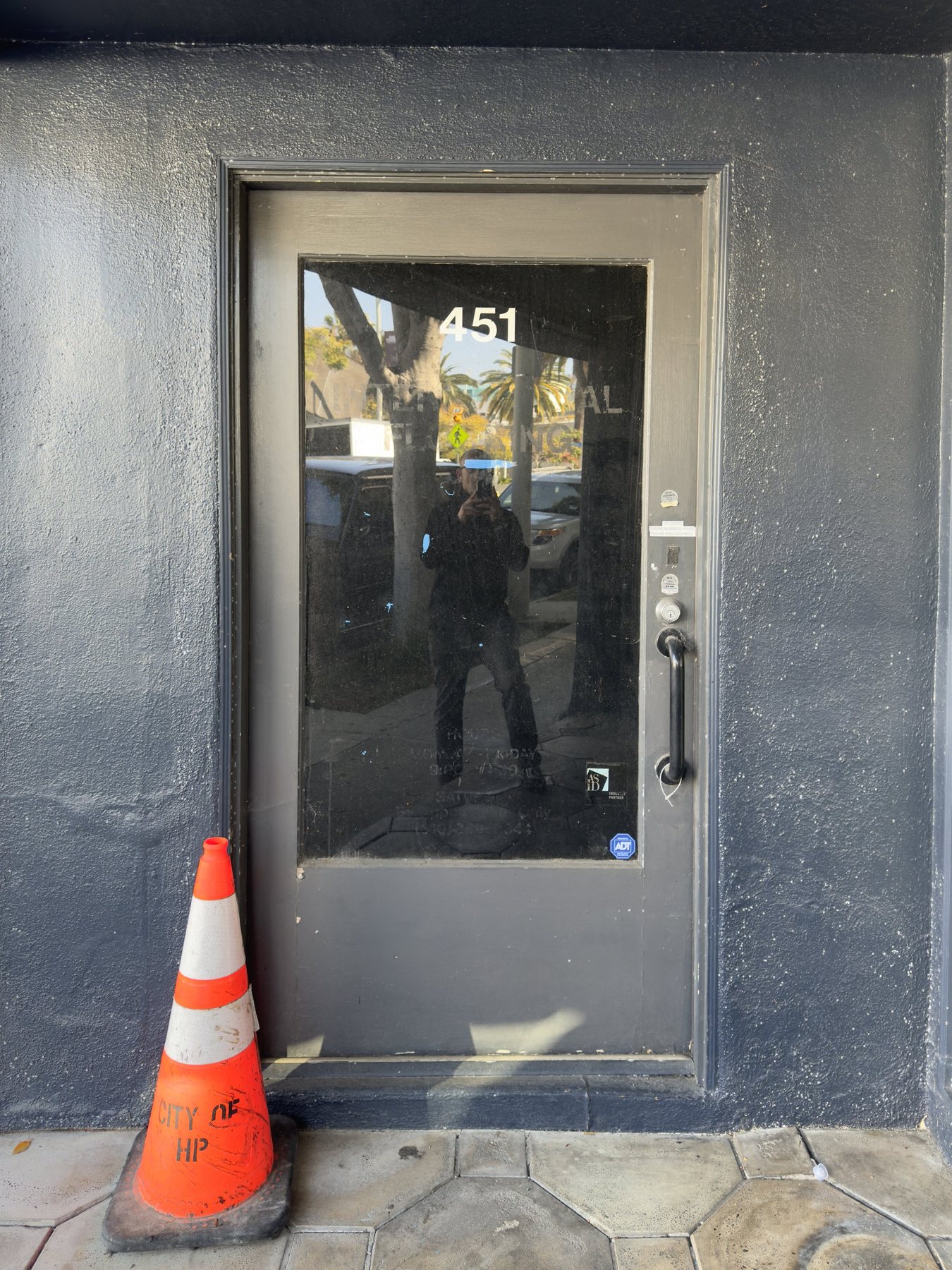 No End In Sight 141: The artist's reflection in the glass panel of a grey door numbered 451, with an orange traffic cone beside it.