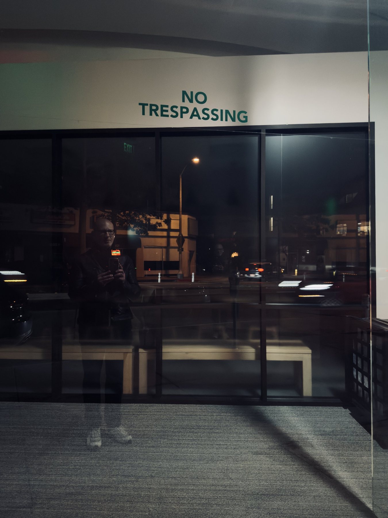 No End In Sight 105: The artist reflected in a dark window beneath a green "NO TRESPASSING" sign, with benches and street lights beyond.