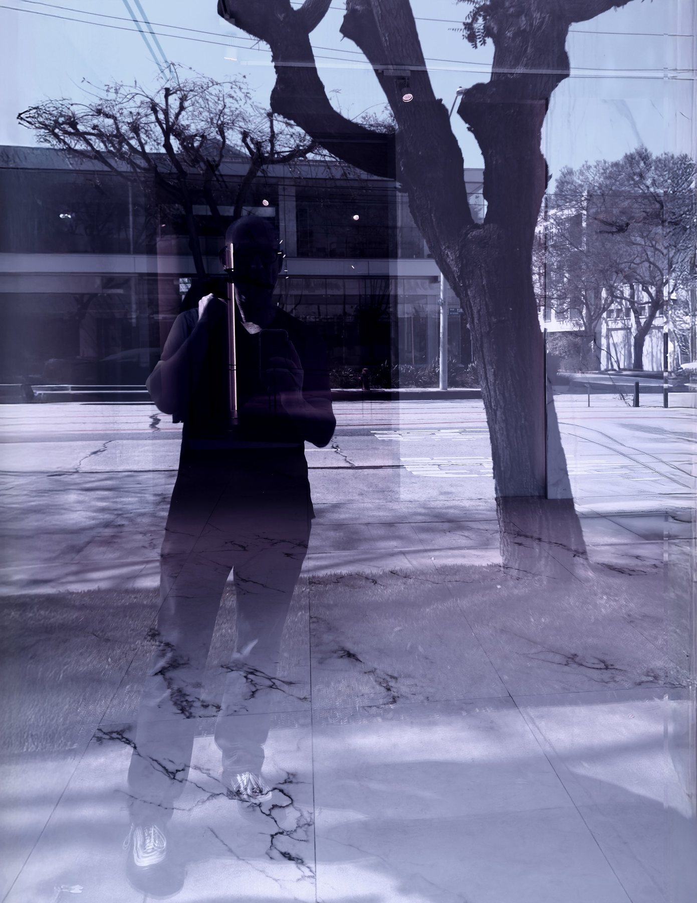 No End In Sight 149: The artist's translucent reflection in a pale window, a bare tree beside him and cracked pavement showing through at his feet.