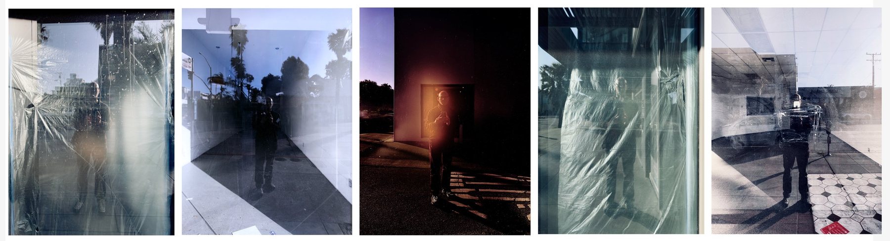 No End In Sight 157: Five side-by-side photographs of storefront windows. The first and third images show reflective glass with plastic coverings and person reflections. The second and fourth images show transparent glass with reflections of trees and people outside. The fifth image shows a scene with a person taking a selfie inside a store with tiled flooring and a reflection of the city street outside.