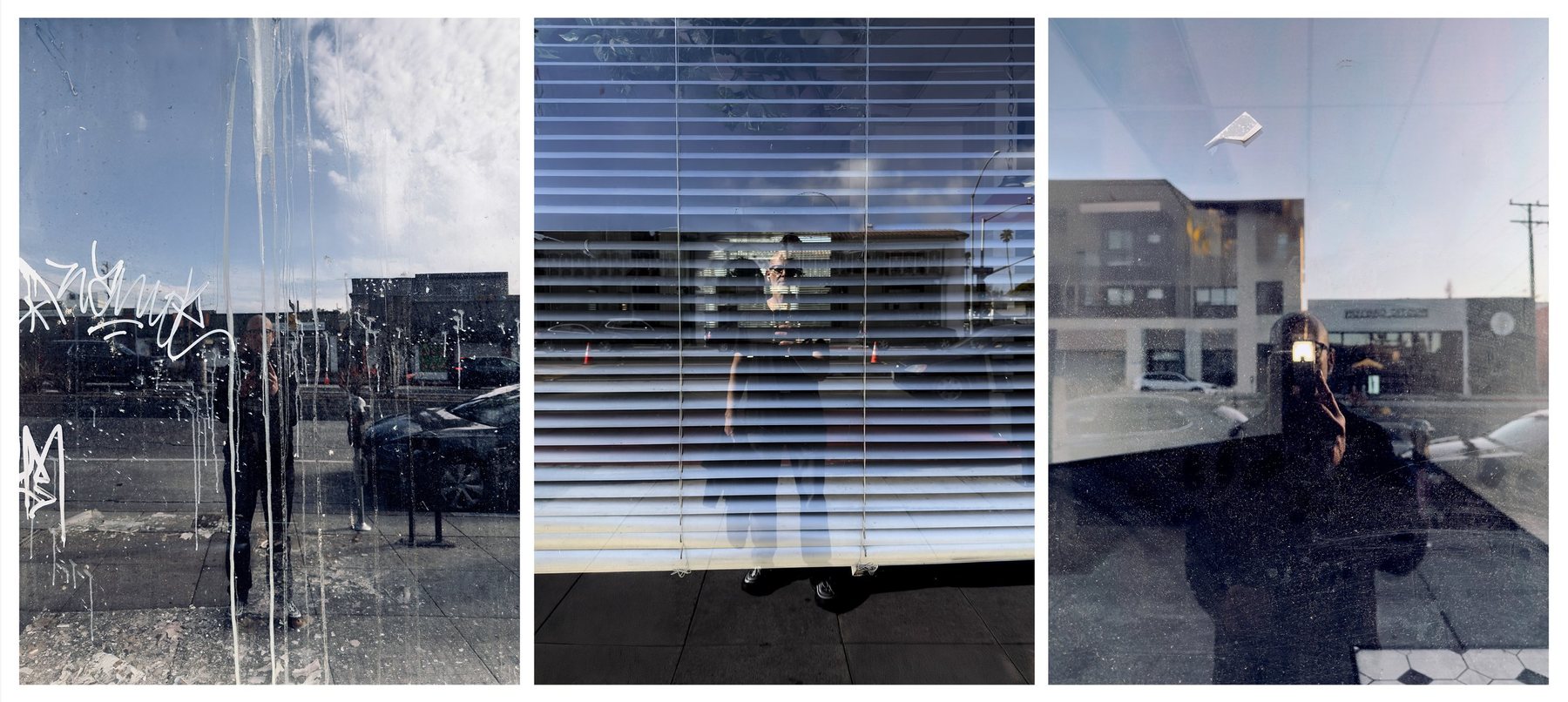 No End In Sight 113: Triptych of window reflections showing different scenes: left panel with graffiti, center panel with blinds, right panel with a person holding a phone.