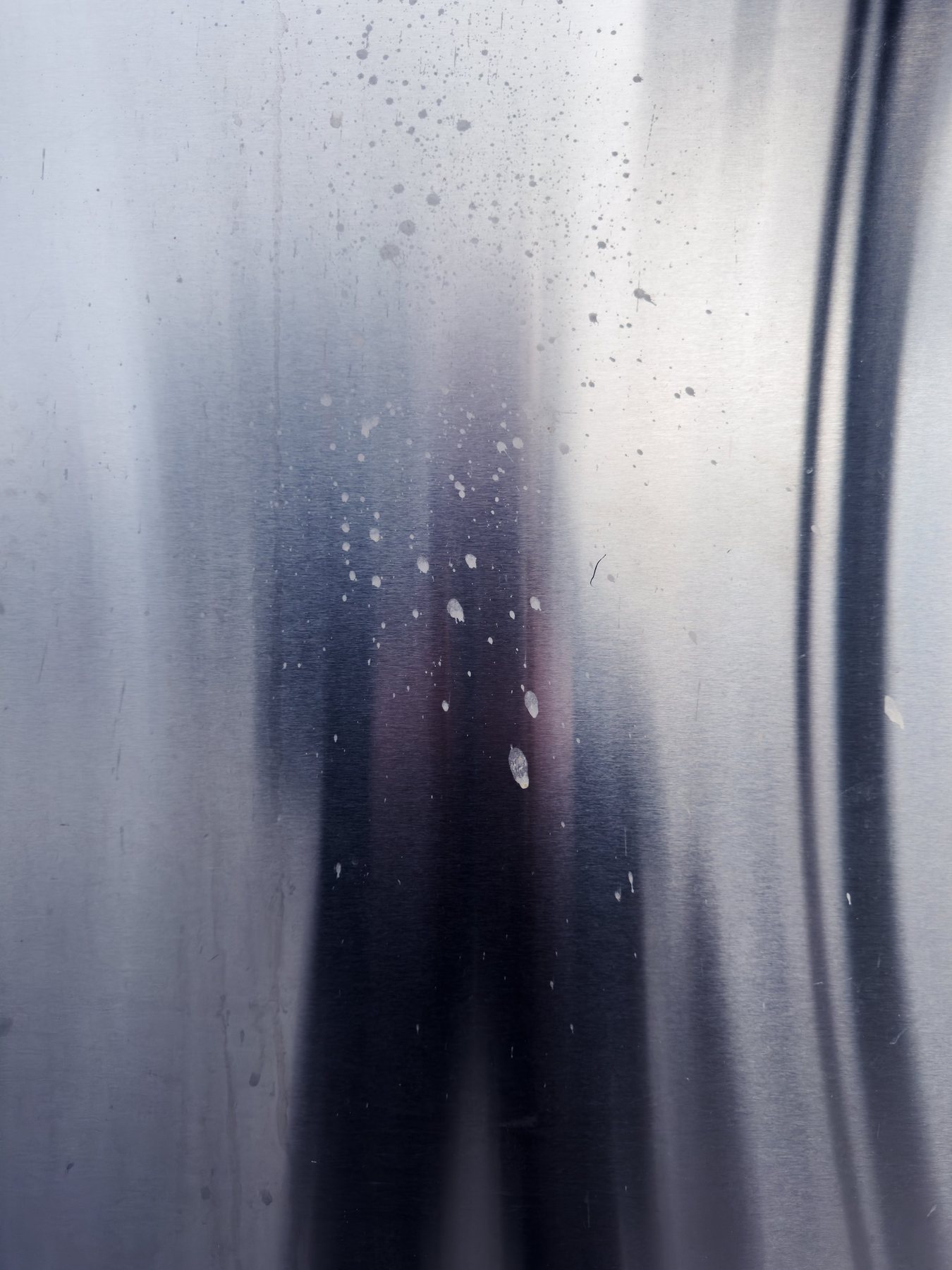 No End In Sight 133: The artist's blurred silhouette in a warped, droplet-spotted metallic surface, with a dark curved line at right.