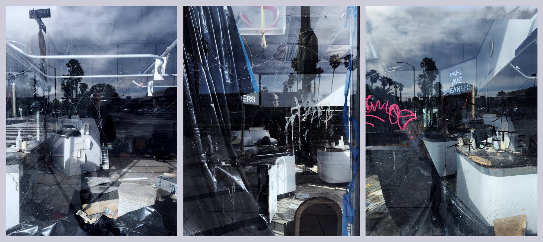 No End In Sight 135: Triptych of an abandoned storefront with graffiti, reflections of palm trees, and disarray inside, including scattered debris and fabric.