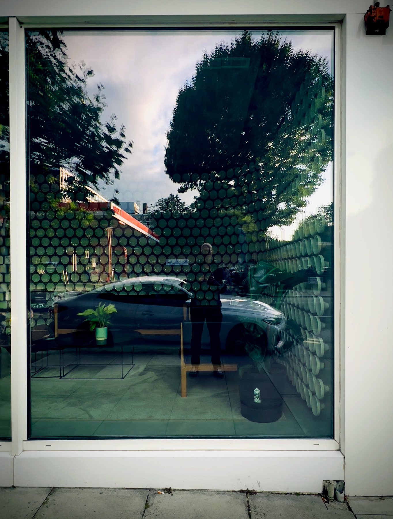 No End In Sight 078: The artist reflected in a green-tinted window with a grey car, a leafy tree and a pattern of round dots across the glass.