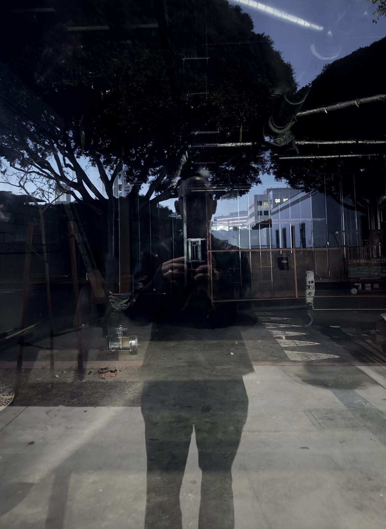No End In Sight 150: The artist's dark reflection in a window among tree branches, with a pale building and street markings behind.