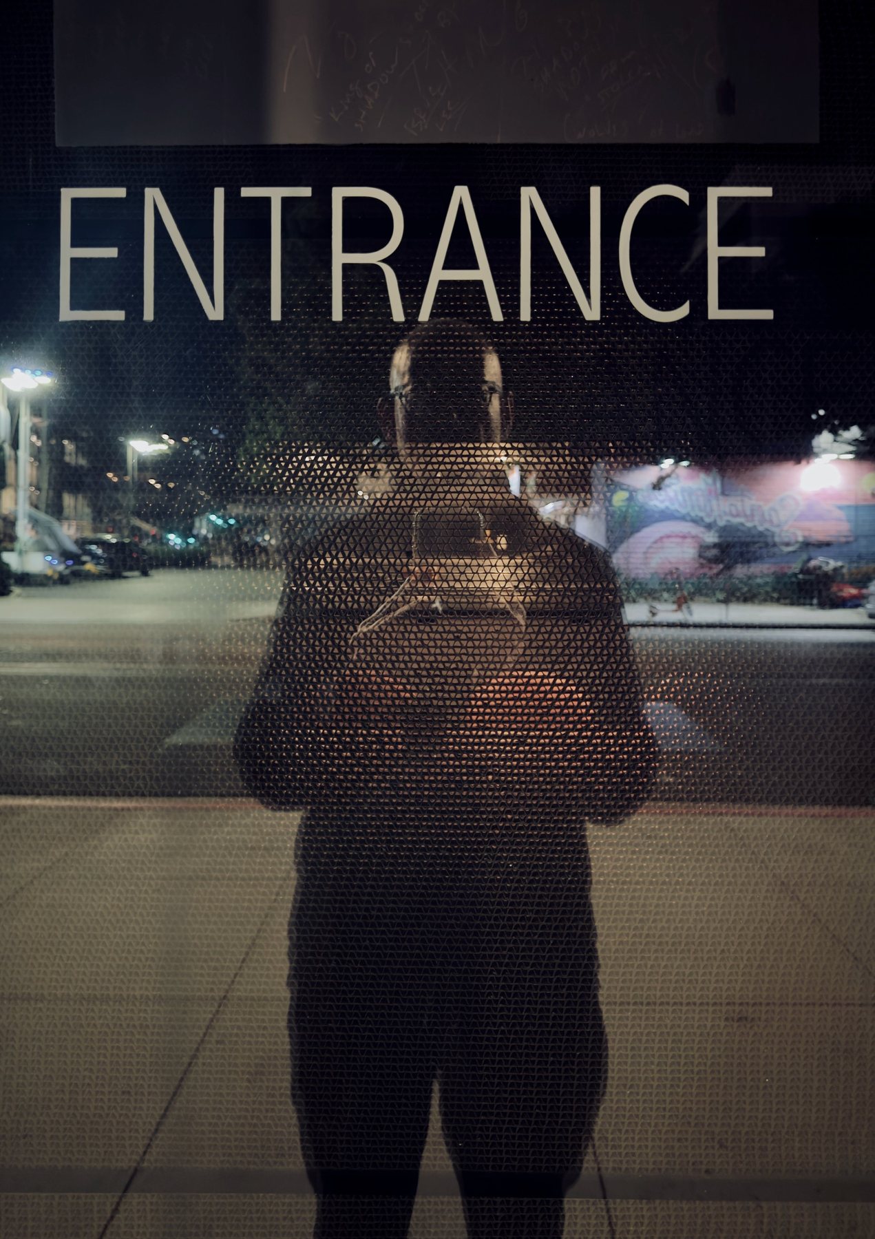 No End In Sight 098: The artist's reflection in a mesh-textured window at night beneath the word ENTRANCE, with a street mural behind.