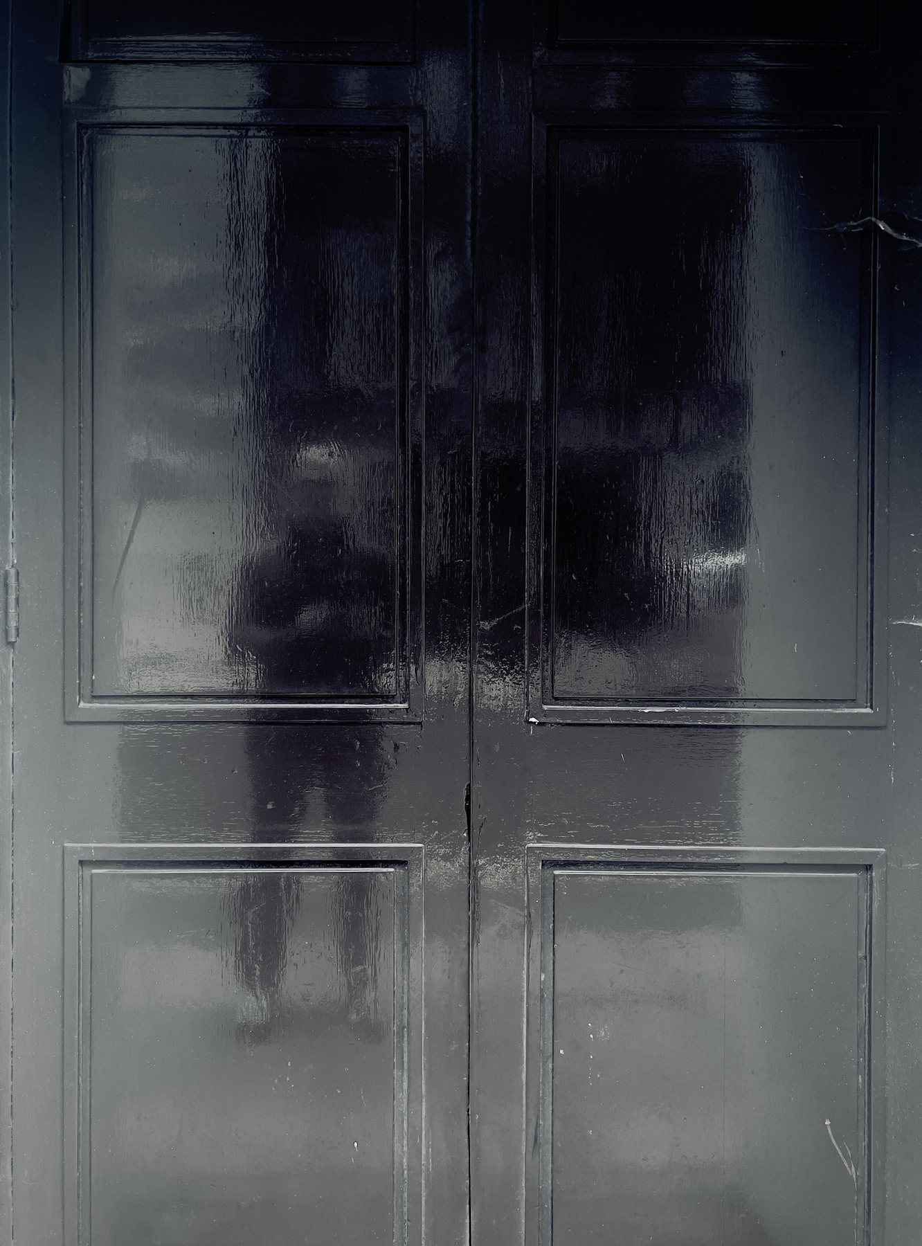 No End In Sight 042: The artist's ghostly silhouette reflected in glossy black double doors with four panels and glossy brush marks.