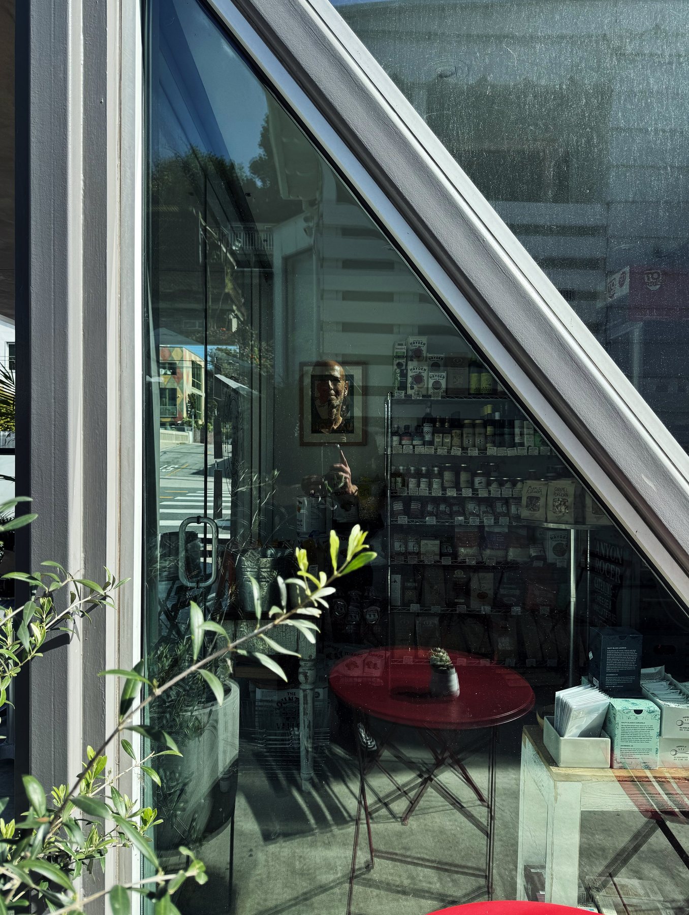 No End In Sight 077: The artist reflected in a triangular window with shelves of goods inside, a red table and green leaves in the foreground.