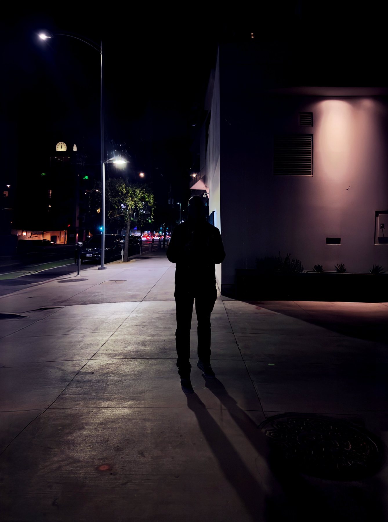 No End In Sight 089: The artist as a silhouette from behind on a night pavement, with a long shadow, street lamps, a pink-lit wall and cars far ahead.
