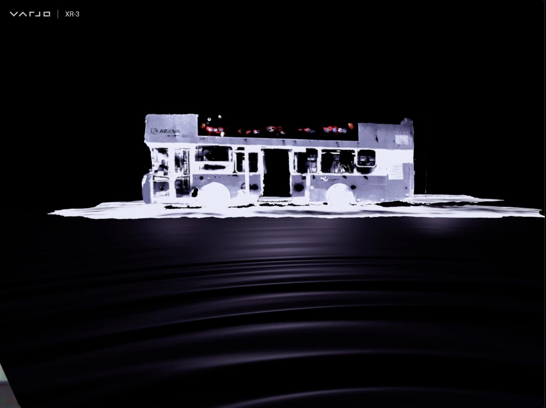 XR scan of a bus rendered in stark white on black, floating above dark rippled water.