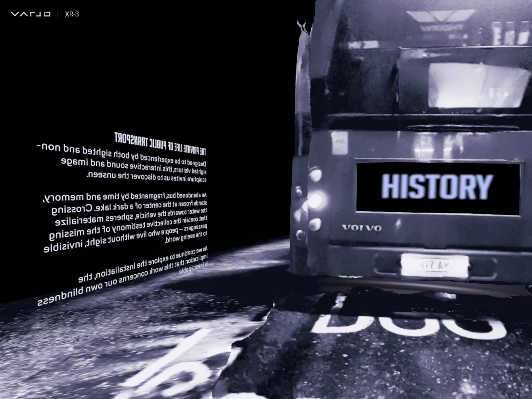 XR view of the rear of a Volvo bus with a sign reading HISTORY, beside an installation text panel about The Private Life of Public Transport.
