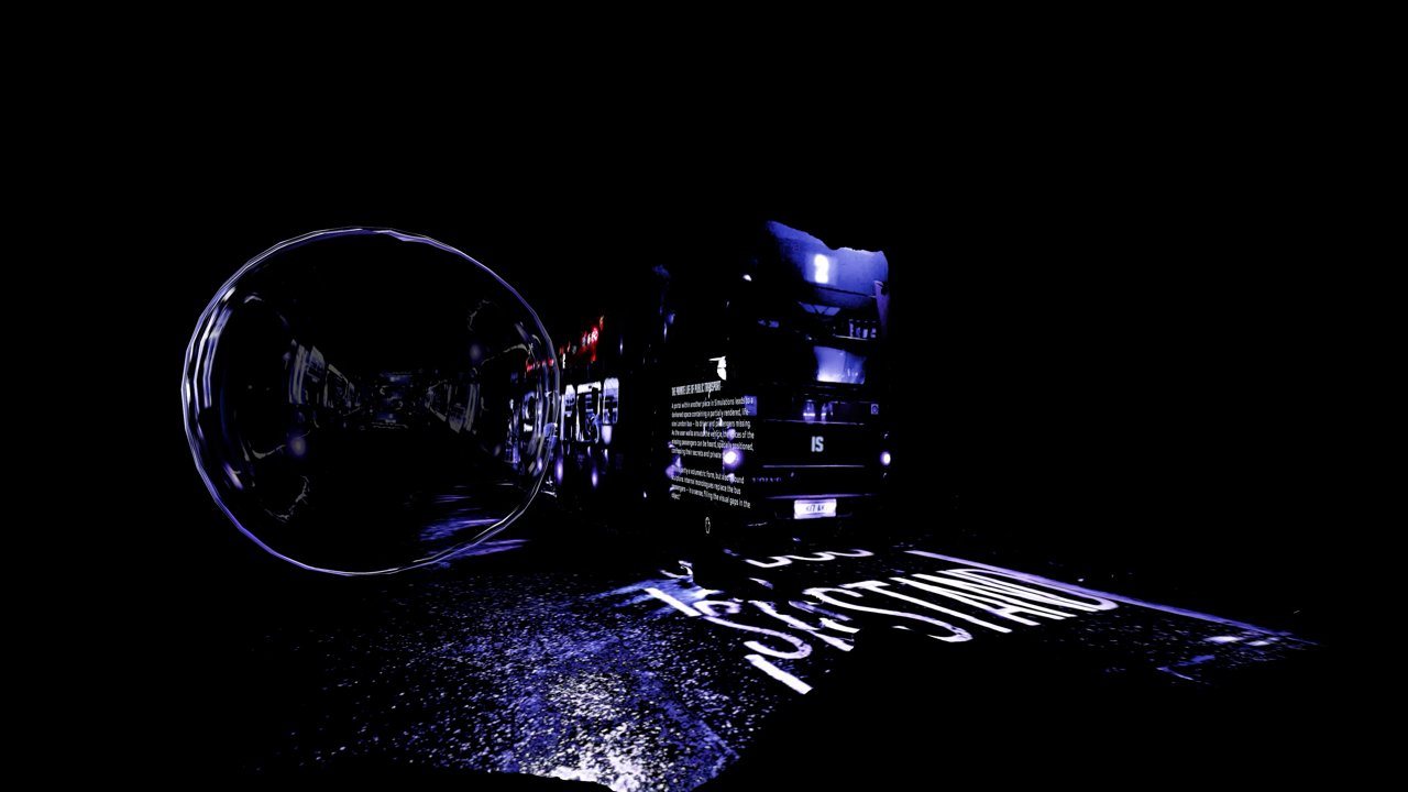 XR scene of a dark bus with text on its side, a large transparent sphere at left and illuminated lettering on the wet road.