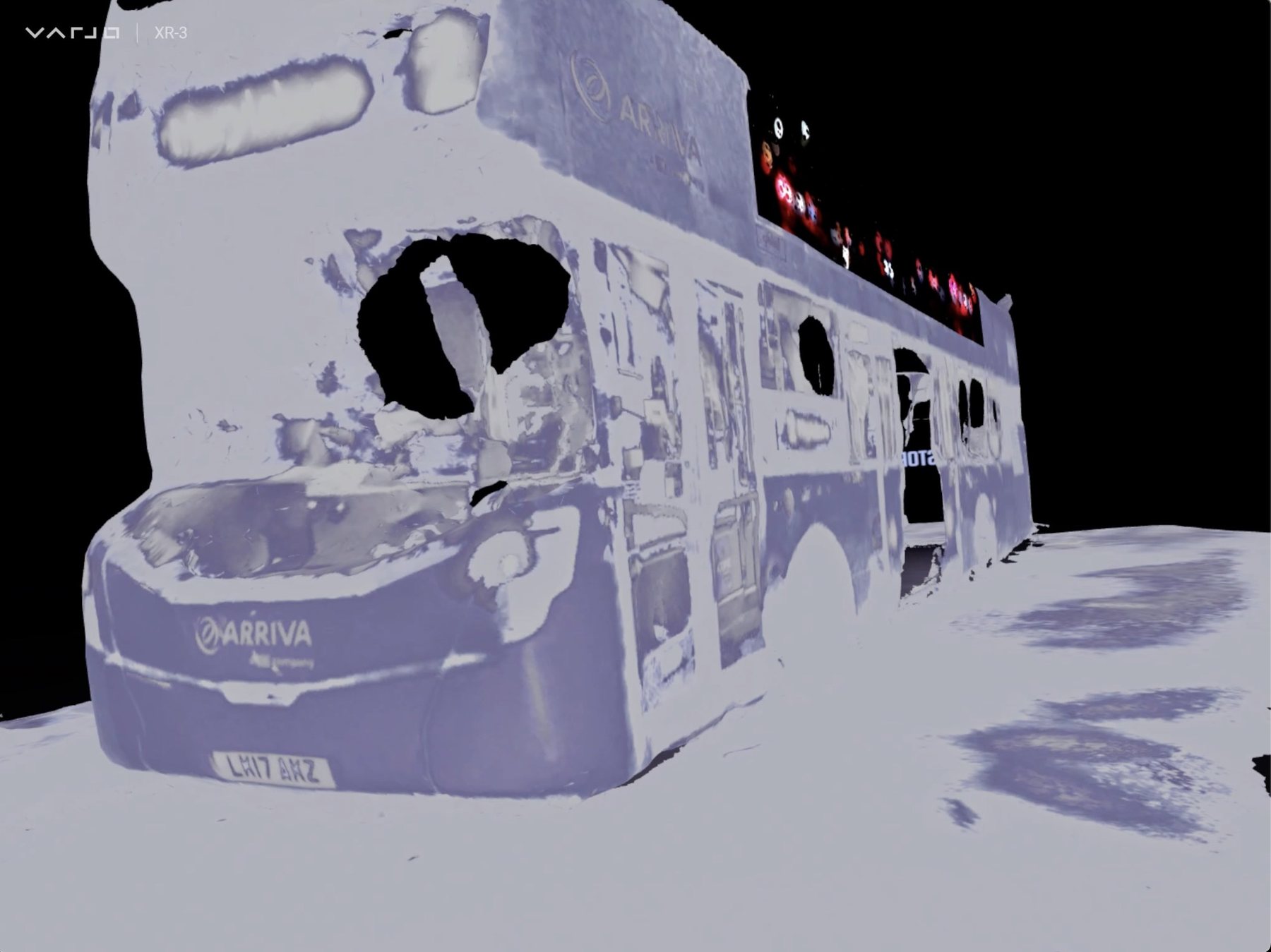 Close XR view of the front and side of a pale-blue scanned ARRIVA bus, with holes where the scan is incomplete.