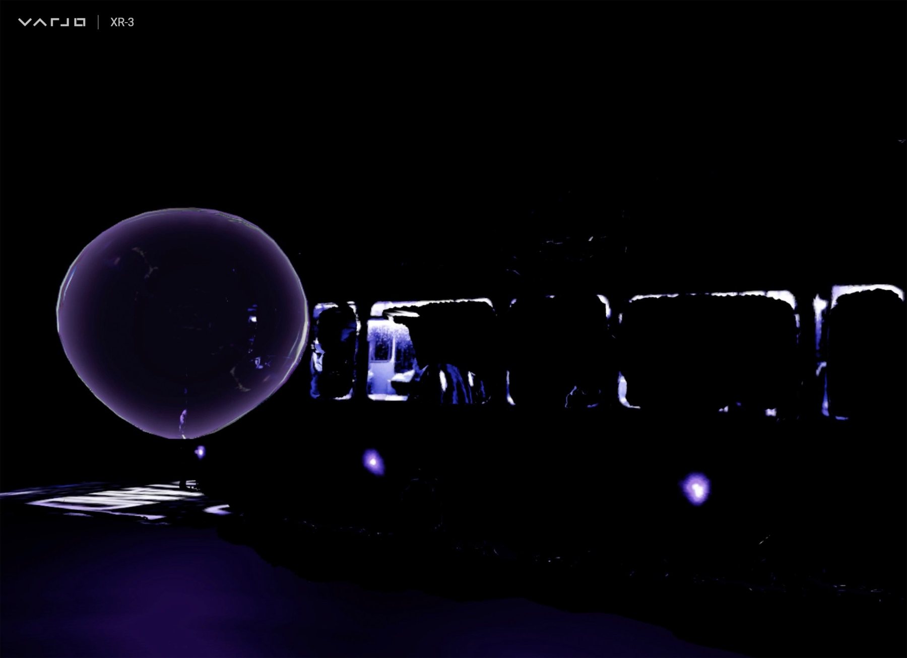 XR view of a dark bus with brightly lit windows and a large translucent sphere floating at left.