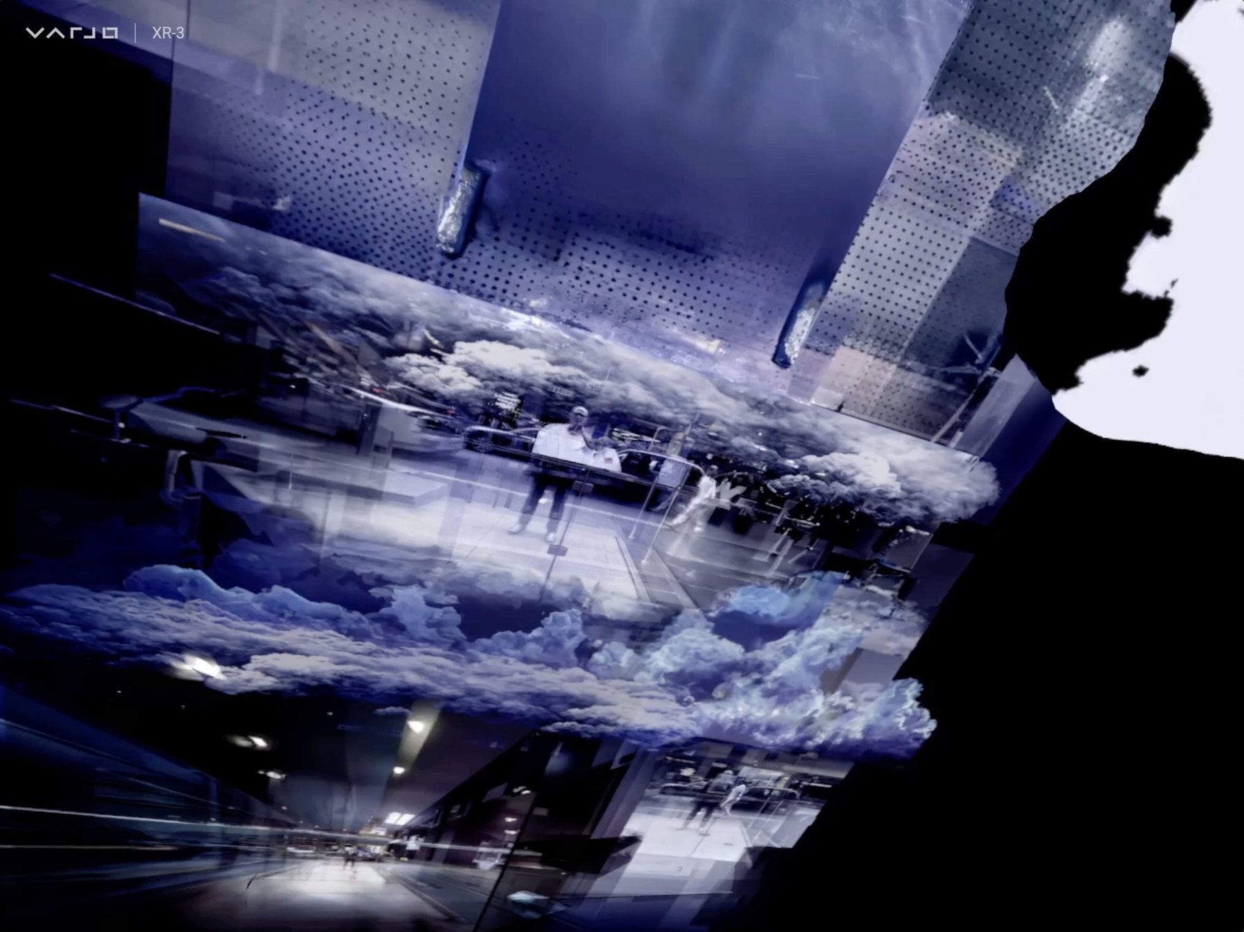 Tilted Varjo XR-3 view of blue clouds and perforated panels overlapping glass reflections of a street, with a black mask shape at right.