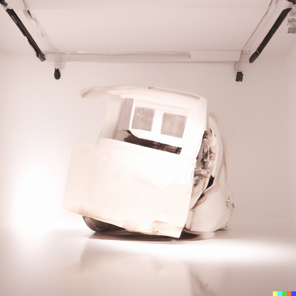 Sculpture study of a white vehicle shell tilted on the floor, with draped paper-like panels and ceiling rails above.