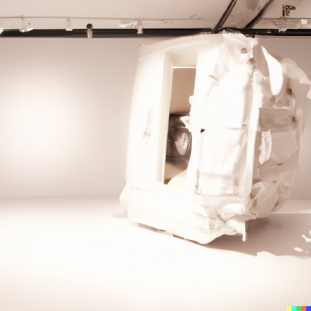 Sculpture study of a white bus body with a draped, crumpled surface and open window, beneath ceiling beams.