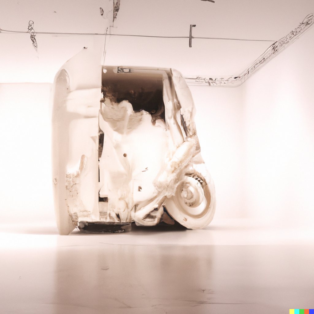 Sculpture study of a crumpled white bus-like form with a wheel and open doorway, lit warmly in a white gallery.