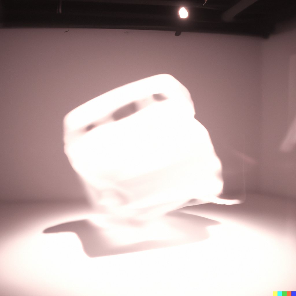 Blurred study of a glowing white form tilting in motion above a dark shadow in a dim room.