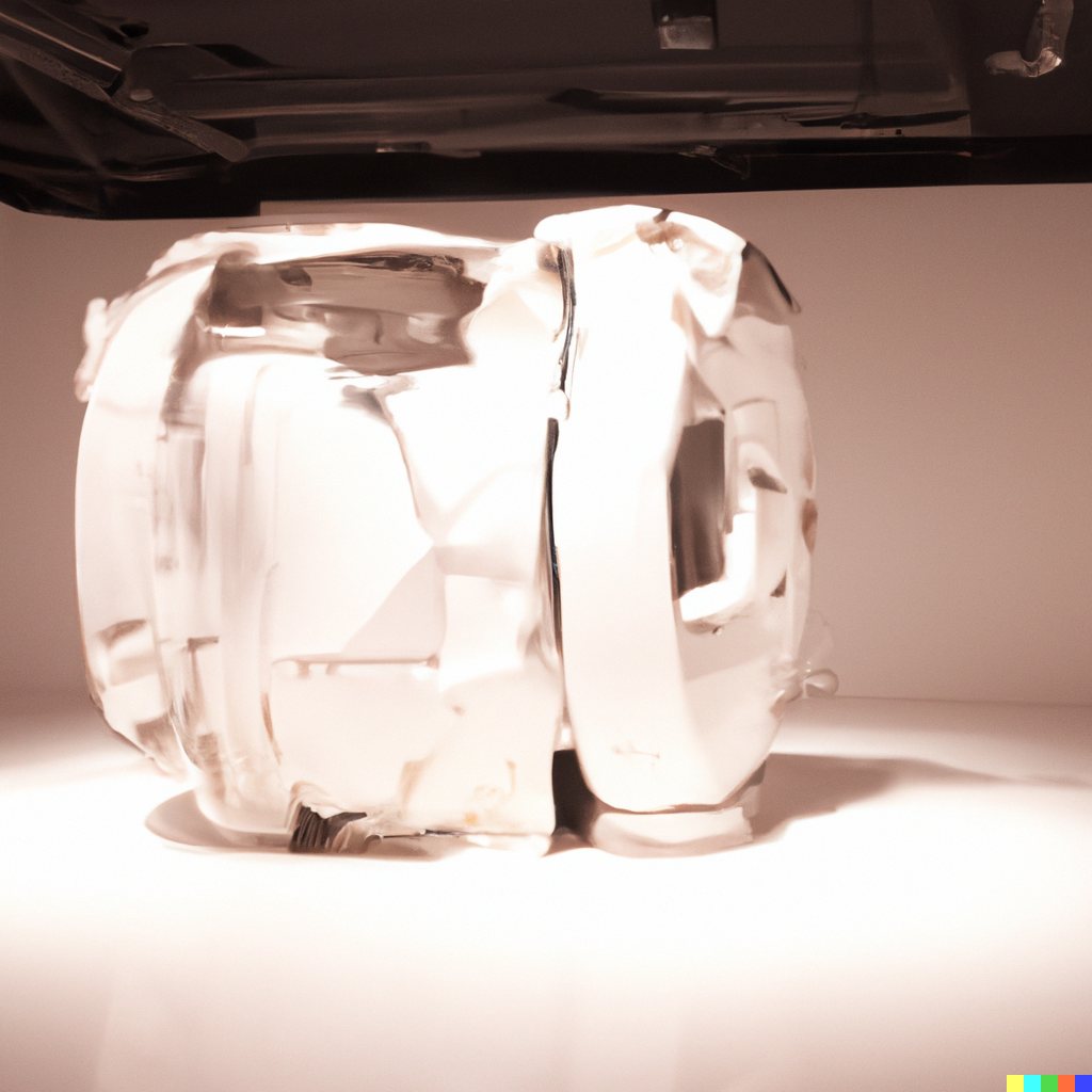 Sculpture study of a glassy, faceted white bus form with rounded wheel openings, lit in a dark gallery.