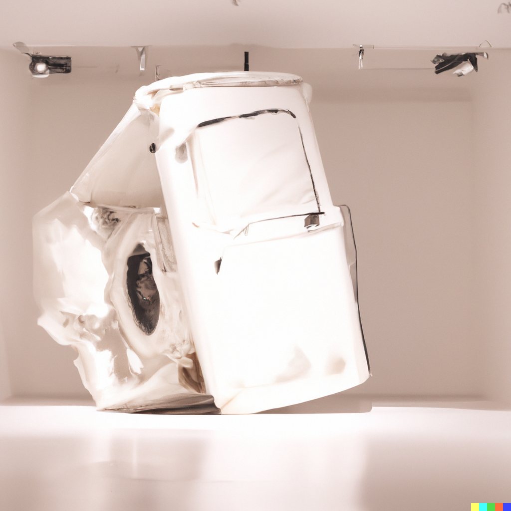 Sculpture study of two stacked white vehicle forms leaning together, with a visible wheel arch and gallery lights.