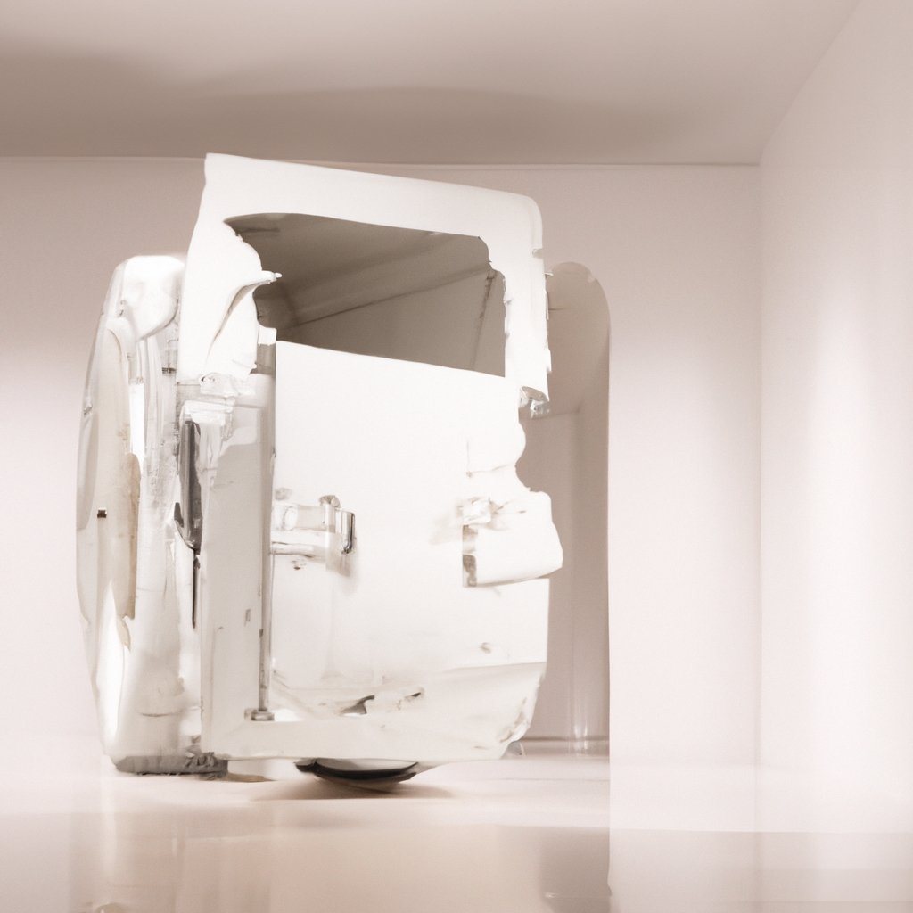 Sculpture study of a white, sectioned bus body with a cut-away window and open interior in a bright empty white room.