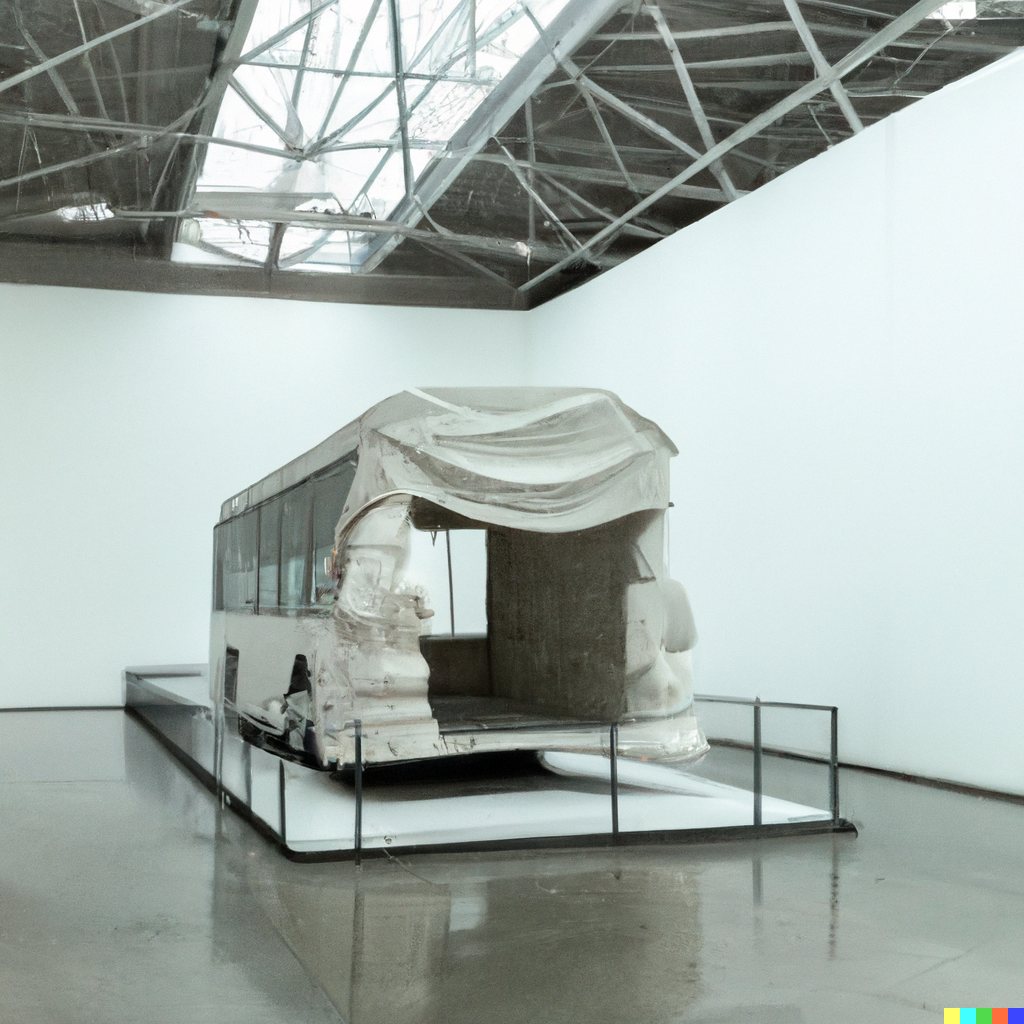 Sculpture study of a white bus draped in sheeting on a low glass-edged platform in a skylit gallery.