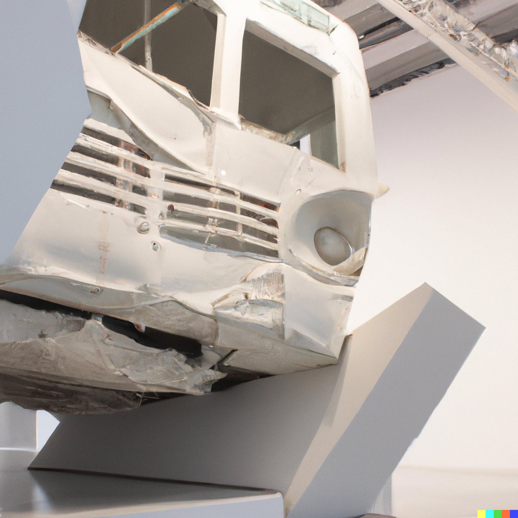 Sculpture study of a white bus front with grille and headlamp, crumpled and balanced on angular white slabs.